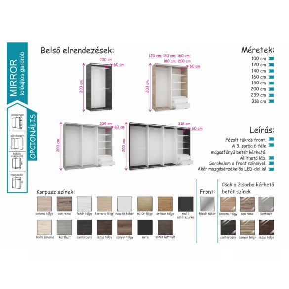Mirror tolóajtós gardrób 140 cm