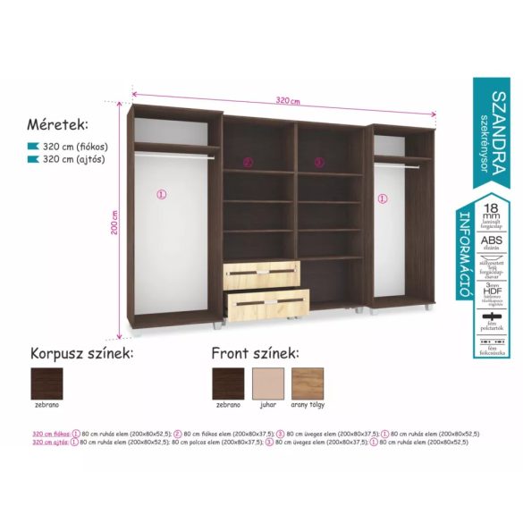 Szandra szekrénysor, fiókos változat 320