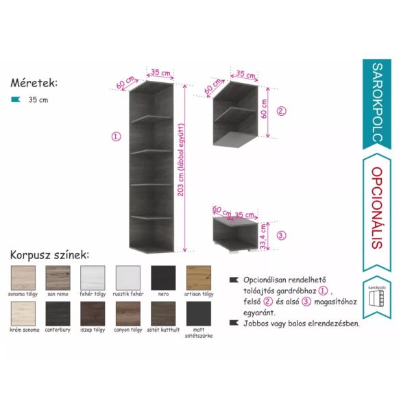 sarokpolc tolóajtós gardróbhoz