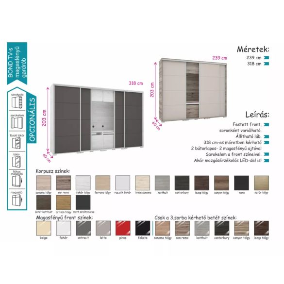 Bond tolóajtós TV-s  gardrób magasfényű kombinált 318 cm