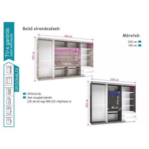 Bond tolóajtós TV-s magasfényű gardrób 239 cm