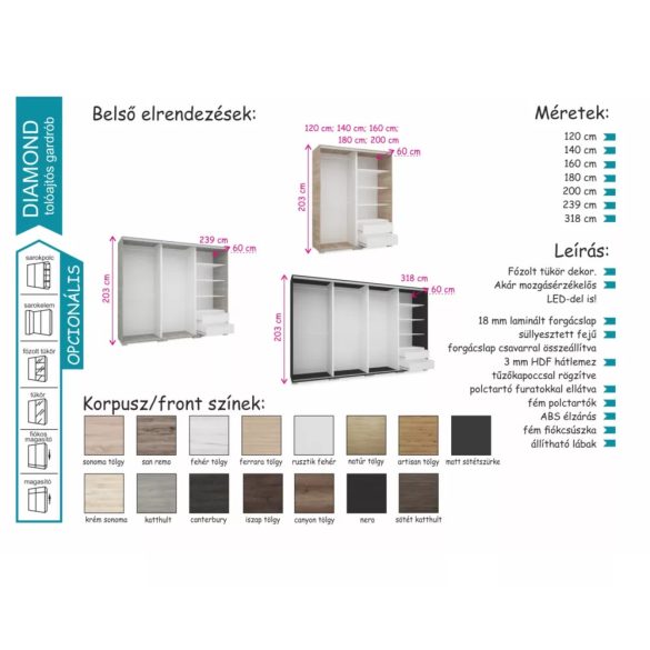 Diamond tolóajtós gardrób 180 cm