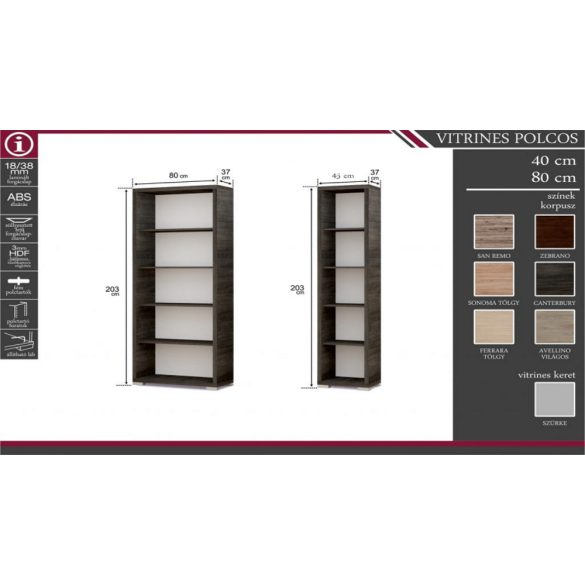 Vitrines polcos elem 45 cm