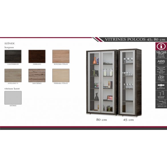 Vitrines polcos elem 45 cm