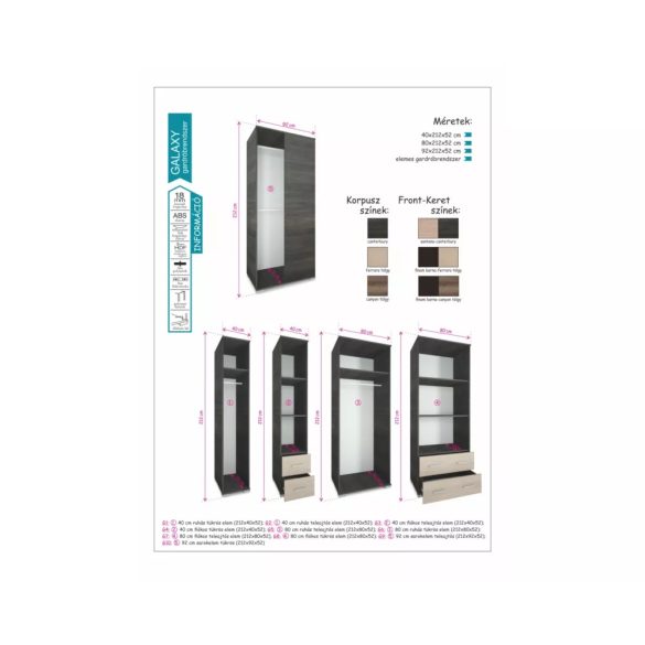 Galaxy gardrób G8 fiókos tükrös elem 80 cm