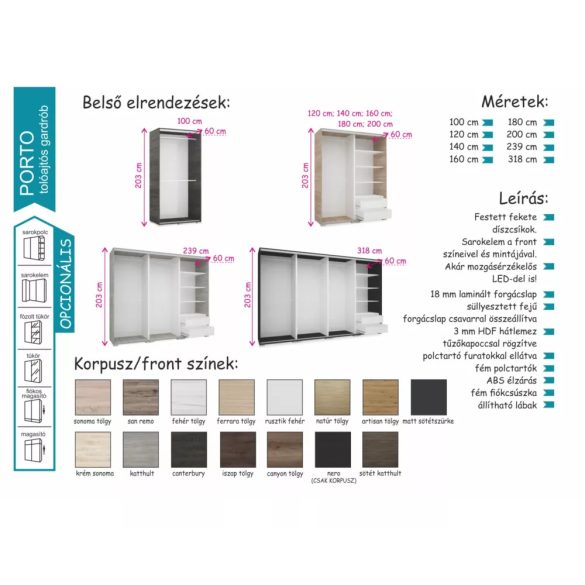 Porto tolóajtós gardrób 180cm