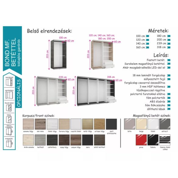 Bond tolóajtós gardrób magasfényű betéttel 160 cm 